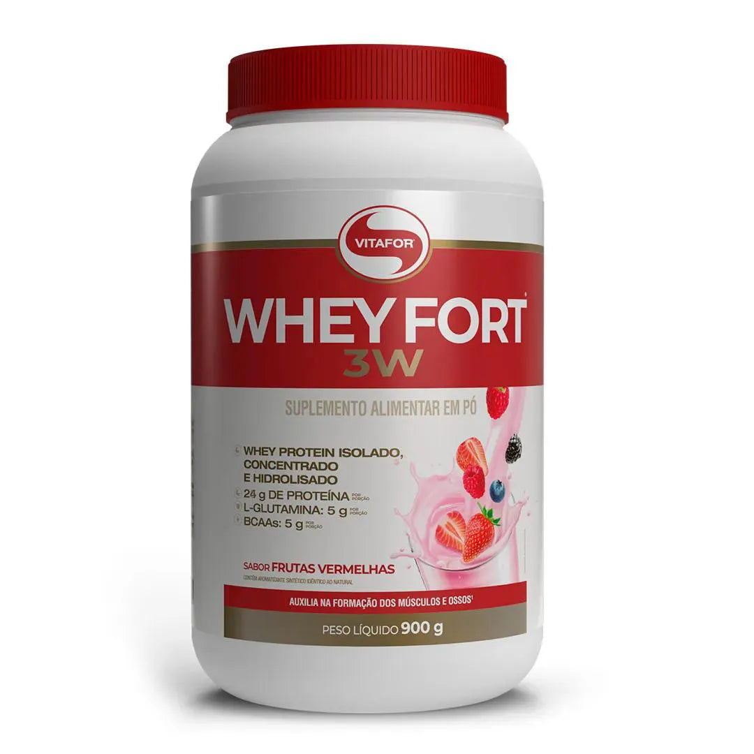 Whey Fort 3w Whey Protein Isolado Concentrado E Hidrolisado Sabor Frutas Vermelhas 900g Vitafor